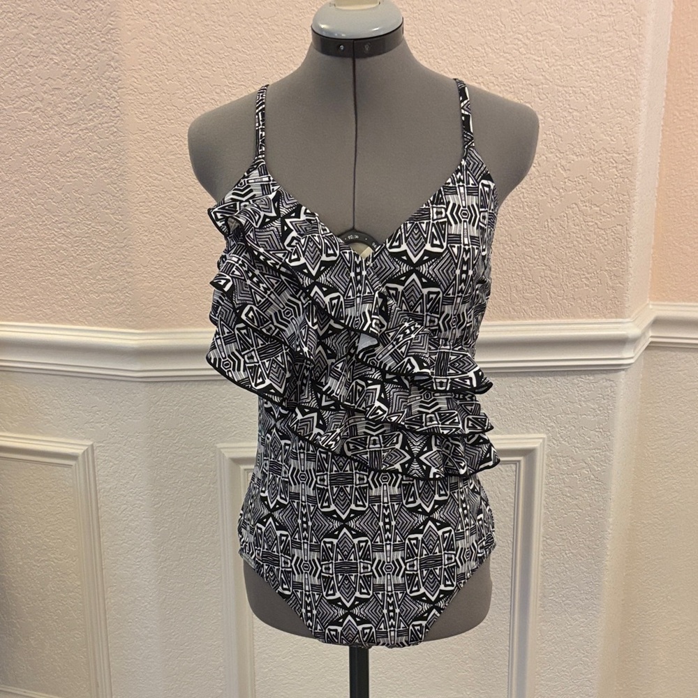 Stylish Black and White Ruffled Swimsuit
